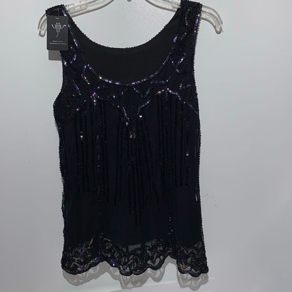 Vijiv Women's Black Sparkling Sequin Beaded‎ Embellished Tank Top Small NWT